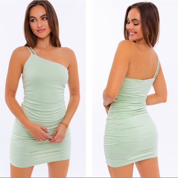 Sage Green One Shoulder Ruched Bodycon Mini Dress - Picture 3 of 5